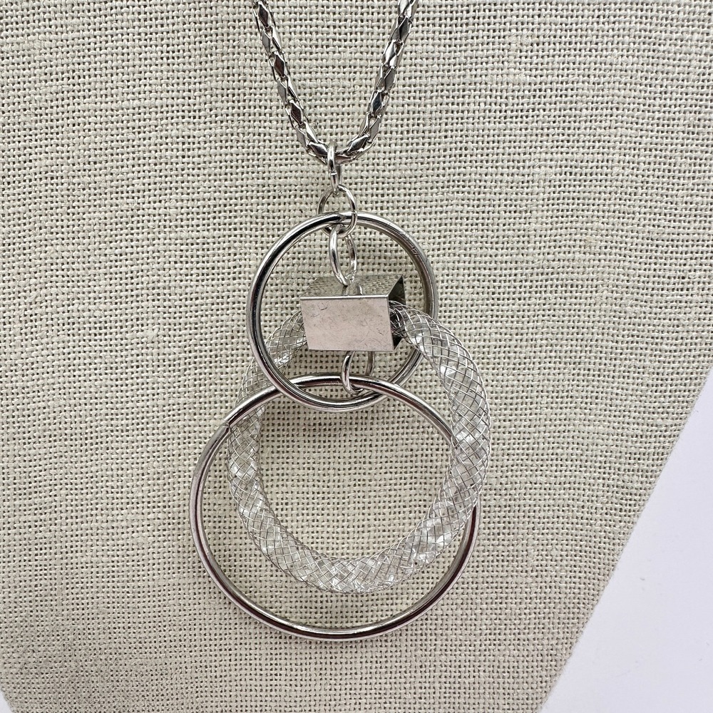 Vintage 90s Silver Tone Multi Hook Mesh Chain Pendant Necklace Women's Jewelry